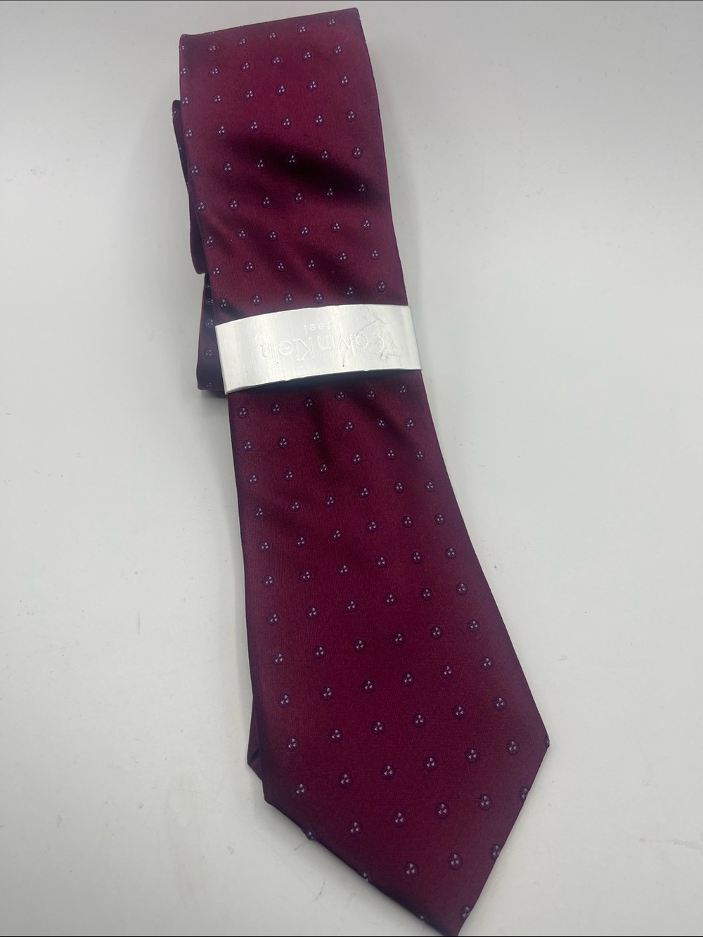 Calvin Klein Burgundy Silk Tie with Navy Microdot Pattern